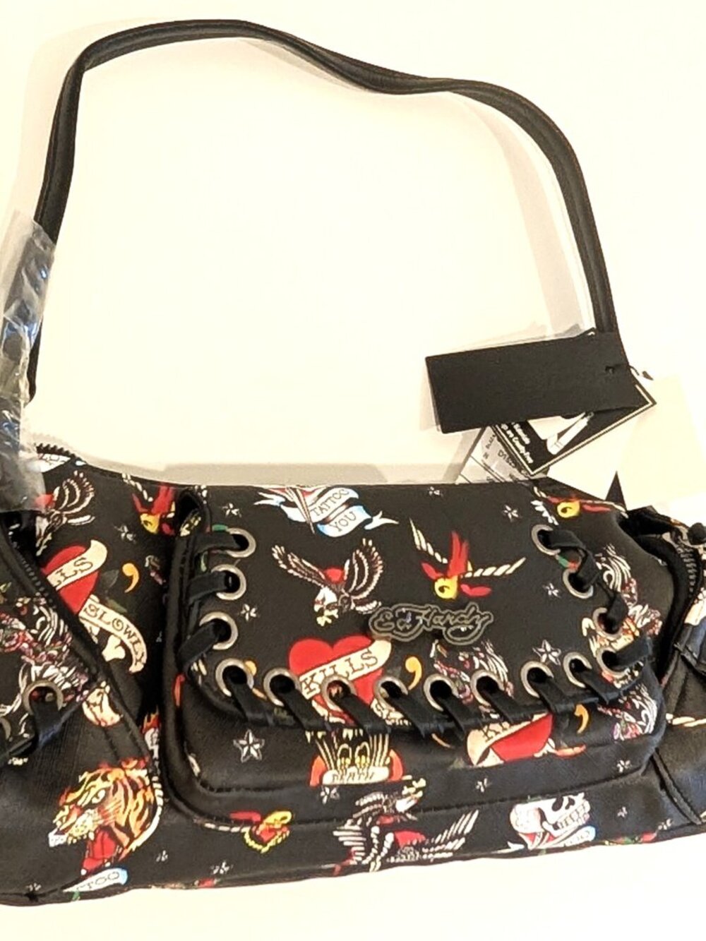 Ed Hardy Womens Tattoo Print Hobo Shoulder Bag Black Vegan Leather Lace Up New